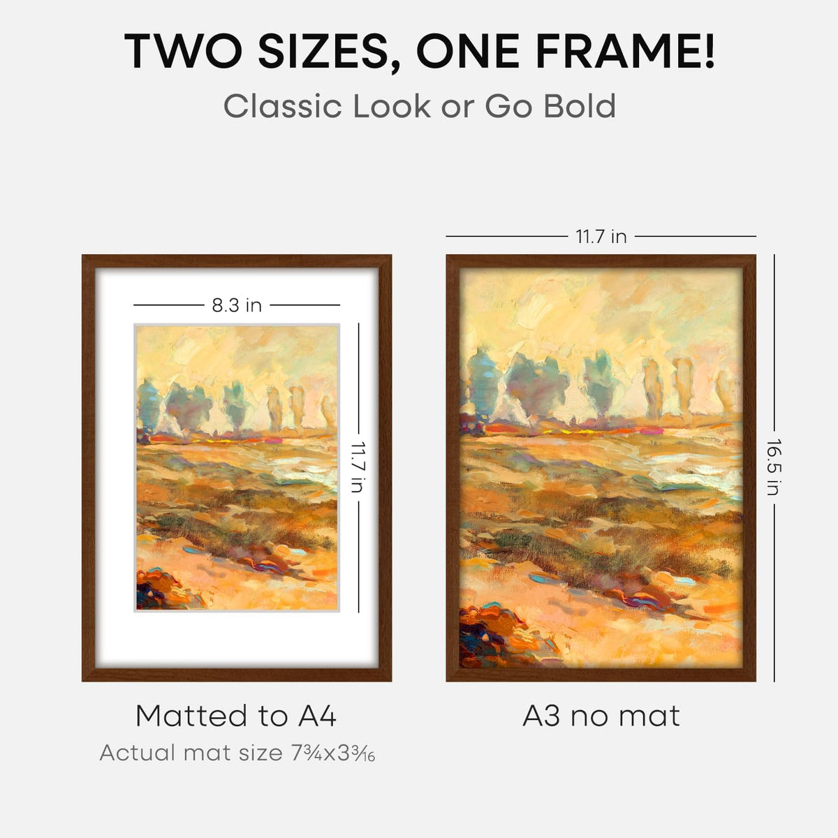 Homeforia A3 Picture Frame Brown Wood, High-End Dark Oak 11.7 x 16.5 Poster Walnut Frames Matted to 8.3 by 11.7 inch Photo, A3 Size Wooden Frame with Mat for A4 Art, Tempered Glass, Wall Kit, Set of 1