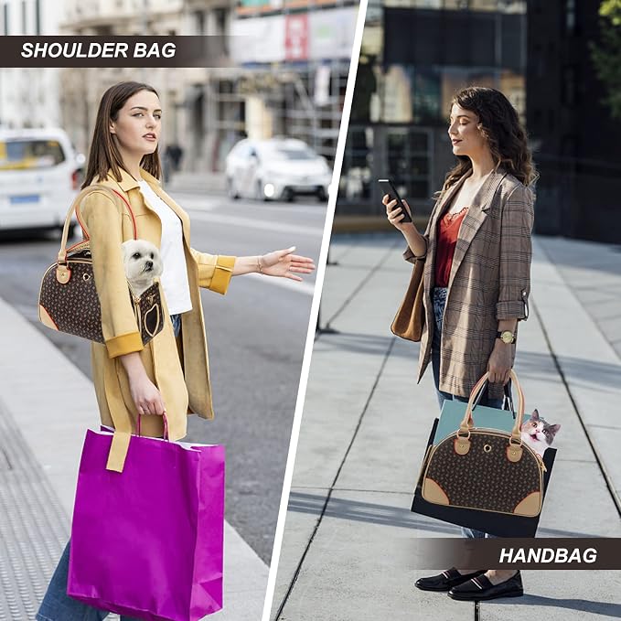 Fashion Dog Carrier PU Leather Dog Handbag Dog Purse Cat Tote Bag Pet Cat Dog Hiking Bag, Brown, Small 38 * 23 * 17cm