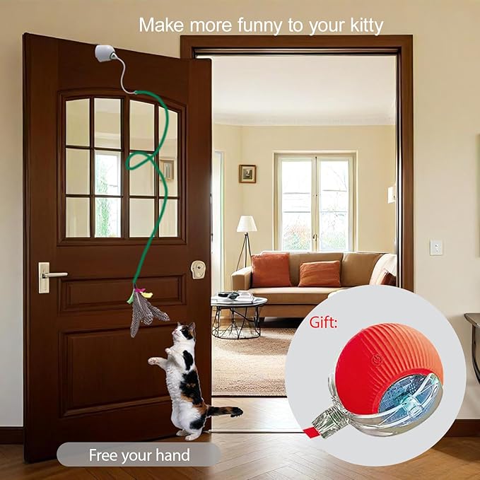 Cat Toys Hanging Door Electric and Moving Ball, Cats Toy Interactive for Indoor for Bored Feather Toys Kitten Rechargeable Door Hanging Automatic Retractable String（White）