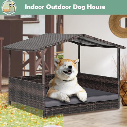 Wicker Dog Bed House, Indoor Outdoor HDPE Rattan Dog Houses, Raised Dog Cot Pet House, Elevated Pets Sofa w/Washable Cover, Waterproof Roof Shelter, Removable Cushion Lounge