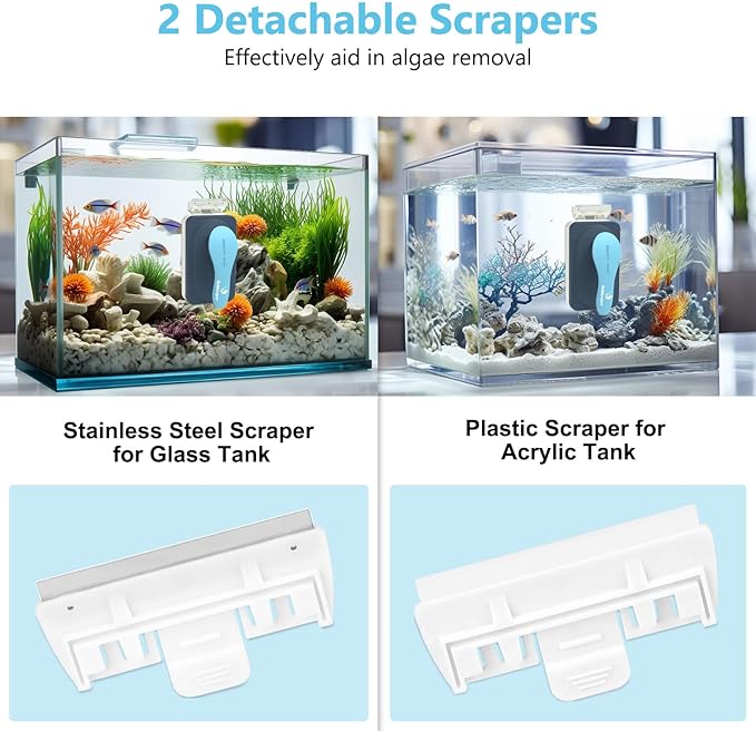 fishkeeper Aquarium Magnetic Glass Cleaner, Fish Tank Algae Magnet Cleaning Tool with Algae Scraper for Glass Aquariums Tank, Floating Scrubber Brush, 2 Detachable Scrapers, Medium