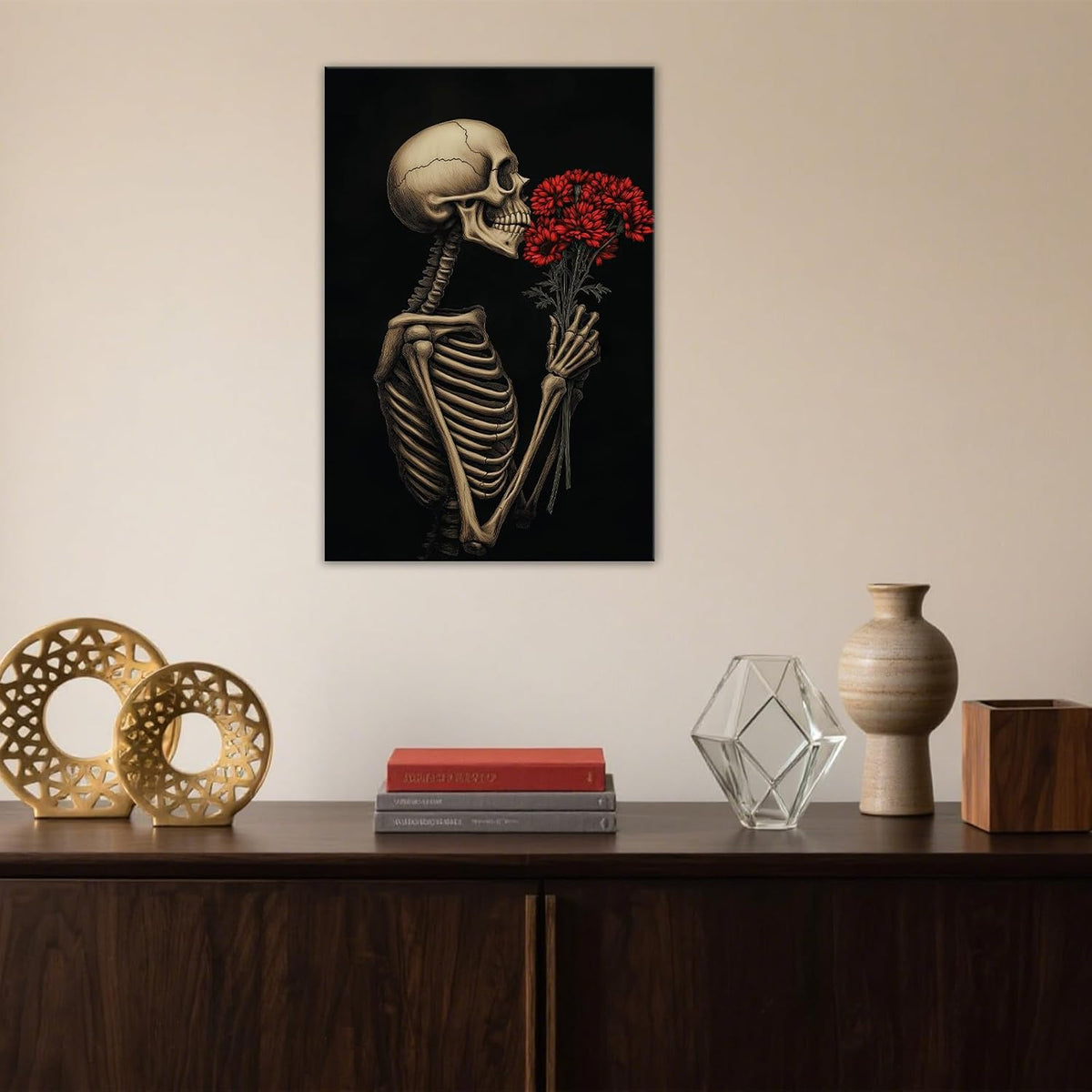 OAAPITI Red Rose Skull Wall Art Dark Themed Skeleton Painting Modern Artwork for Gothic Home Decor(Artwork-5,24"x36")