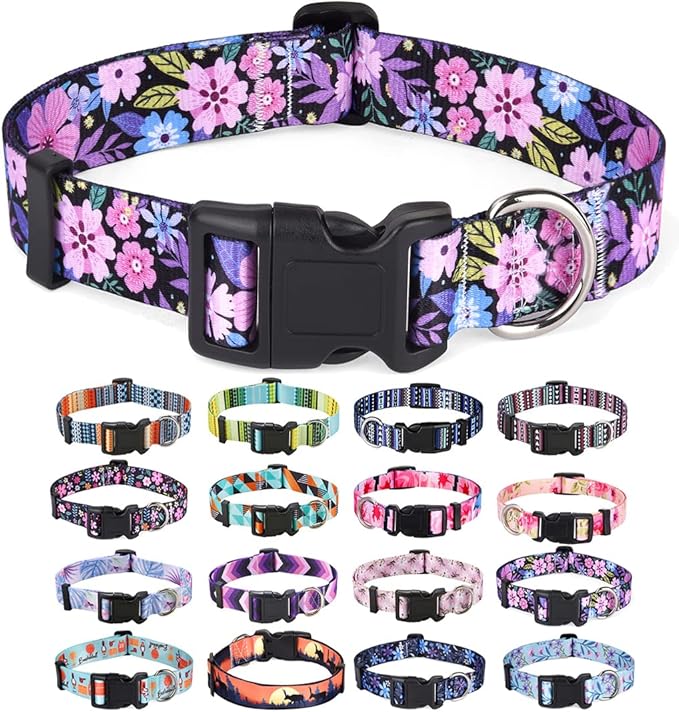 Dog Collar with Bohemia Floral Tribal Geometric Patterns - Soft Ethnic Style Collar Adjustable for Small Medium Large Dogs(Floral Pink,M)