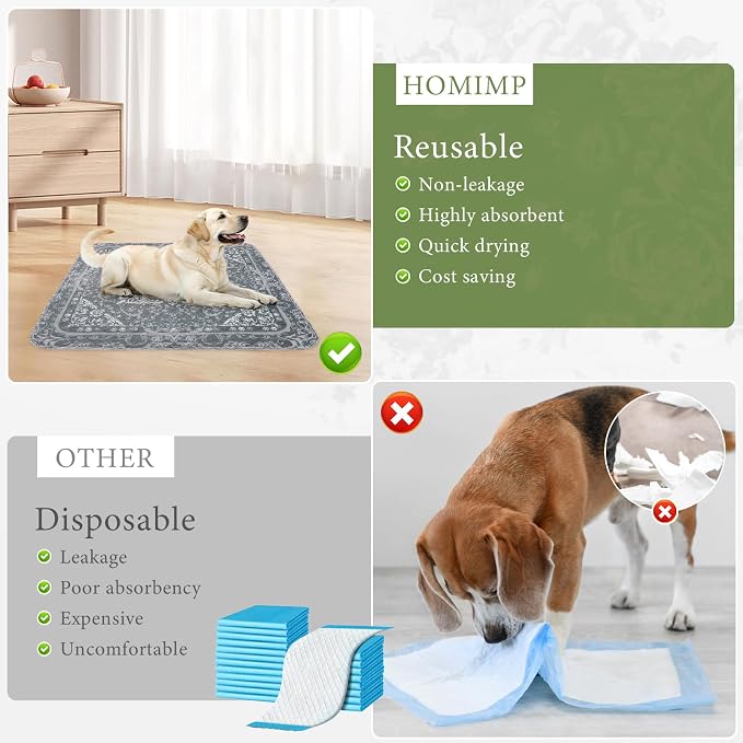 Homimp Washable Pee Pads for Dogs, 2 Pack Reusable Puppy Pads Waterproof, Absorbent and Leakproof Dog Pee Pads, Non Slip Puppy Training Pads, Pet Mat for Floor, Crate, Couch, Whelping,Grey, 36"x36"