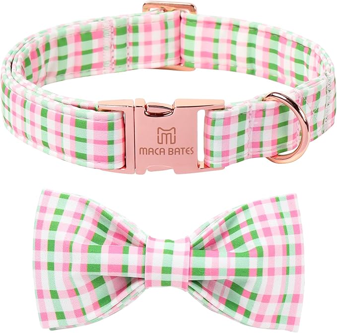Maca Bates Plaid Dog Collar with Fancy Bow Tie,Cherry Pink Green Gingham Pattern for Medium Girl Boy Dogs,Adjustable Durable Soft Collars Irish Gift for Male Female Puppy