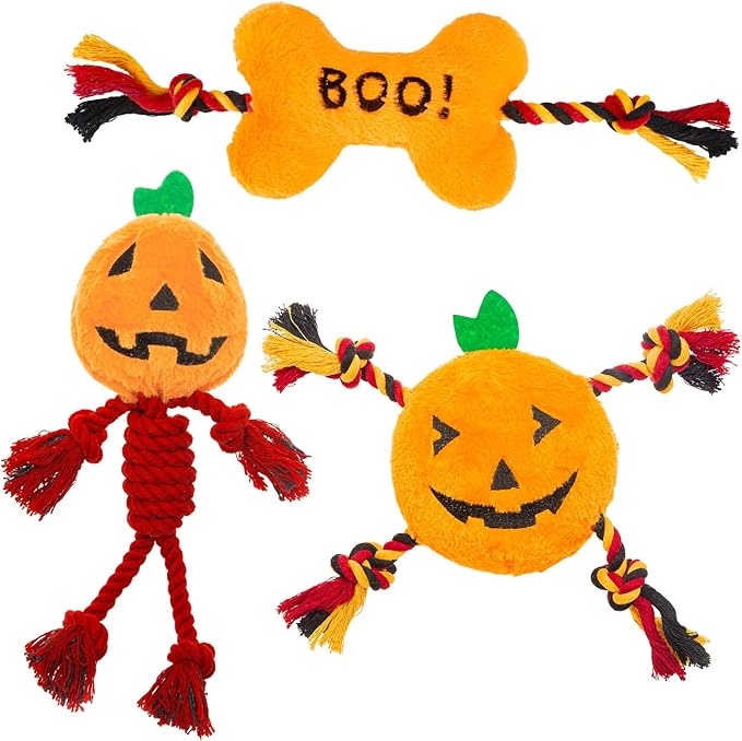 PUPTECK Halloween Dog Squeaky Chew Toys - 3 PCS Funny Pumpkin Plush Stuffed Toys for Puppy Pet Tugging Playing