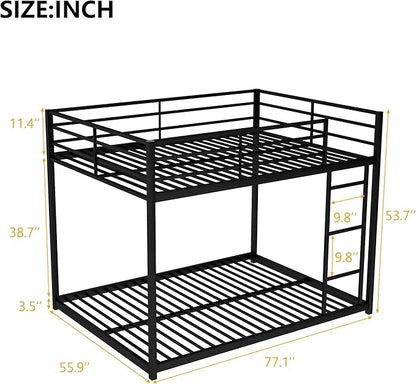 Full Over Full Metal Bunk Bed with Full-Length Guardrail,Low Bed Frame W/Ladder, Steel,No Noise,Bedroom Furniture for Adult Kid Boy Girl Teen,Black