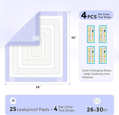ZOMISIA 3D-Barrier Puppy Pee Pads for Dogs, 12 Cups Absorb & Rise Puffy Gel-Wall Leak-Proof, 26"x30" 25 Counts + 4 Pet Urine Test Strips, Super Absorbent Disposable Potty Training Pads