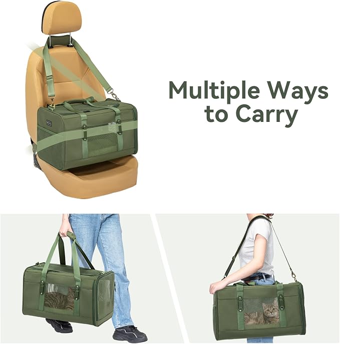 Petsfit 19x12x12 Pet Carrier for Large Cats (up to 20 lbs), Soft-Sided Small Dog Travel Carrier, Upgraded with Patented Buckle and Soft Padding, Ideal for Car Road Trips Green