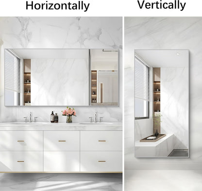 Silver Bathroom Mirror for Wall, 30x60 Inch Rectangle Mirrors with Metal Frame, Modern Vanity Large Wall Mirror for Bathroom Living Room, Entryway Hangs Horizontal or Vertical