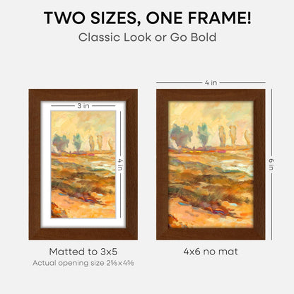 Homeforia 4x6 Brown Picture Frame, High End Dark Oak 4x6 Wooden Frames with Mat 3x5 Photo, 4 x 6 Walnut Wood Frame Matted to 3 x 5 Print, 6x4 Wall or Tabletop Frame, Tempered Glass, Wall Kit, Set of 1