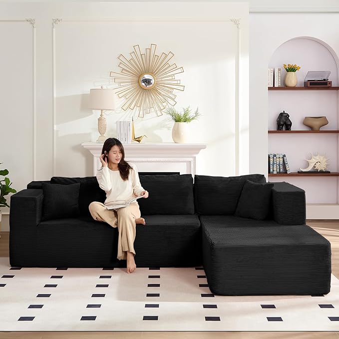 PUREMIND 106" Black Sectional Couches for Living Room, Cloud Couch Modular Sectional Sofa, Corduroy L Shape Sofa with Deep Seat, Modular Boneless Foam Couch Corner Couches No Assembly Required