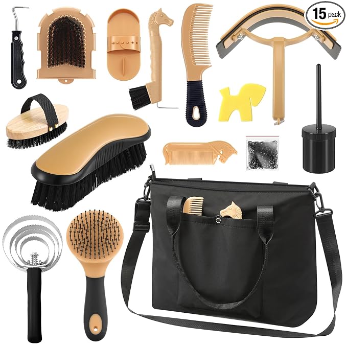 Abbylike 15 Pieces Horse Grooming Kit with Organizer Tote Bag Tack Room Supplies Horse Brush Sets Care Equine Cleaning Kit Shedding Grooming Massaging Tools(Black)