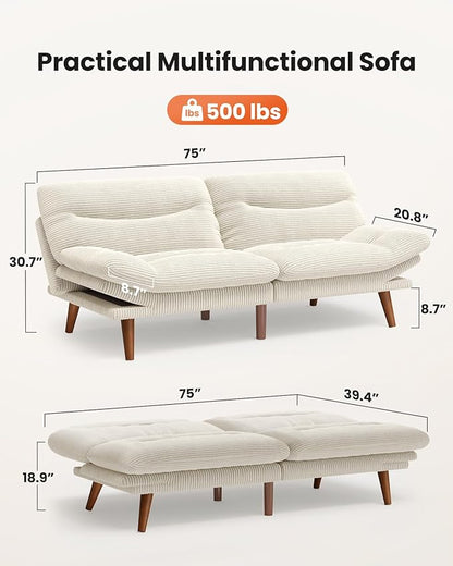 Amada 75" Convertible Futon Sofa Bed, Corduroy Folding Futon Set with Adjustable Backrest &Armrests, Recliner Lounge for Living Room, Apartment or Office, Solid Wood Frame, Loveseat Sofa -Beige White