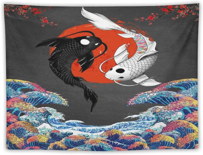 Houselerax Japanese Koi Fish Tapestries, Yin Yang Big Wave Cherry Blossom Tapestry Wall Hanging for Bedroom Living Room Office Decor 60"x50"