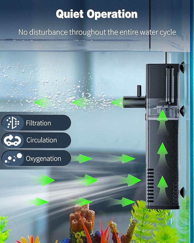 Pawfly Internal Aquarium Filter with 160 GPH Water Pump Quiet Submersible Bio Sponge Foam Filter for 30 to 60 Gallon Fish Tanks Multifunctional Filter for Filtration Circulation and Oxygenation