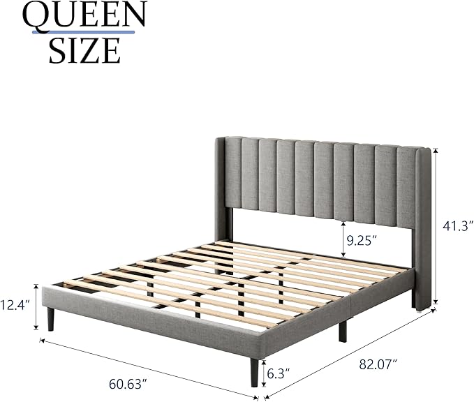 Queen Size Bed Frame with Upholstered Wingback Headboard, Easy Assemnly Platform Bed, Wooden Slat Support No Box Spring Needed, Light Gray