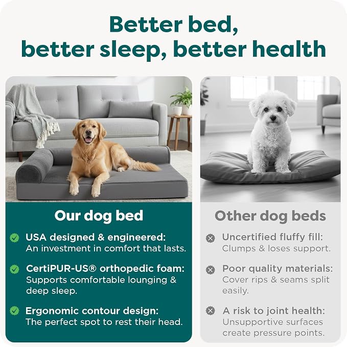 FurHaven Orthopedic Dog Bed for Large Dogs, L-Shaped Chaise Mattress with Orthopedic Egg Crate & Solid Orthopedic Foam Base for Joint Support, Washable Cover, Jumbo XL, Plush & Velvet, Platinum Gray