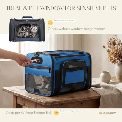 Top-Side Expandable Pet Carrier, Treat Window,18x13x9.5 Airline Approved | for Southwest Frontier,Soft-Sided Cat Carrier, Anti-Scratch Mesh, Lockable Zippers,Dog Carrier for Kitten,Rabbit,Puppy, Blue