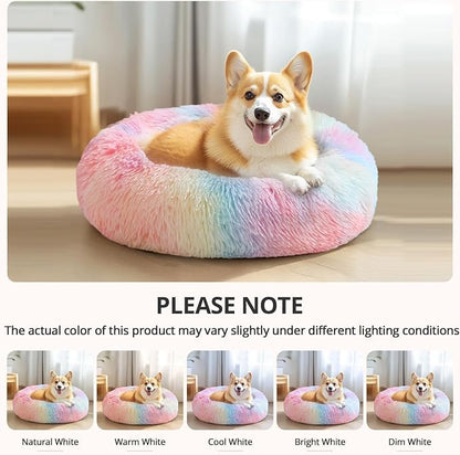 JOLLYVOGUE Calming Dog Beds Large Sized Dog, 36in Donut Washable Large Pet Bed, Anti-Slip & Anti-Anxiety Fluffy Faux Fur Round Dogs Bed, Fits up to 80 lbs Pets (Rainbow)
