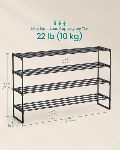 SONGMICS Shoe Rack, 4-Tier Shoe Organizer, Metal Storage Shelf, Upright or Upside Down, for 25-30 Pairs, Stackable, for Entryway, 11.8 x 46.1 x 29.5 Inches, Black ULSA034B01