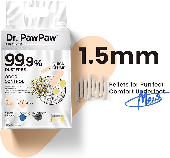 Tofu Cat Litter, Dr. PawPaw Clumping Cat Litter, Natural Tofu Scent 4.5 lb, Dust-Free Keep Kitty Tidy, Superior Odor Control Keep Step Fresh