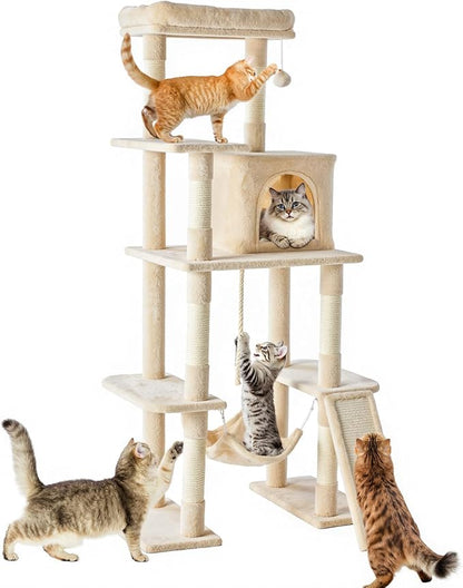 Sweetcrispy 63 inch Cat Tree Tower, Large Multi Level Cat Climbing Tower with Condo, Natural Sisal Scratching Posts, Extended Platform, Hammock, Pet House for Indoor Cats and Kittens Play, Beige
