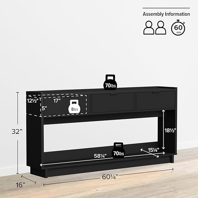 Prepac Black Simply Modern Entryway Table, Narrow Console Table with 3 Drawers, Media Console with Storage, 15.75" D x 60.25" W x 32" H