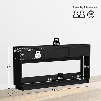 Prepac Black Simply Modern Entryway Table, Narrow Console Table with 3 Drawers, Media Console with Storage, 15.75" D x 60.25" W x 32" H