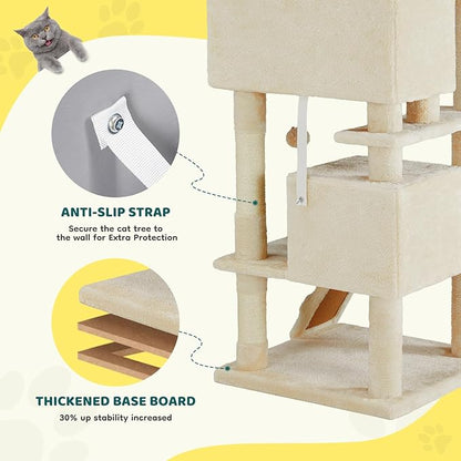 Cat Tree 54 Inch, Multi-Level Cat Tower with Condo, Perches, Sisal Scratching Posts and Climbing Ladder, Pet Play Toy Balls House for Indoor Cats, Beige