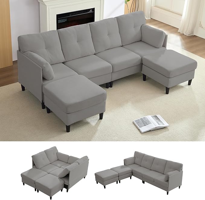 PUREMIND Sectional Home Sofa Living Room, Modern U-Shaped Sofa Couches with Double Chaise, Upholstered 4 Seater Sofa for Living Room, Apartment, Light Grey