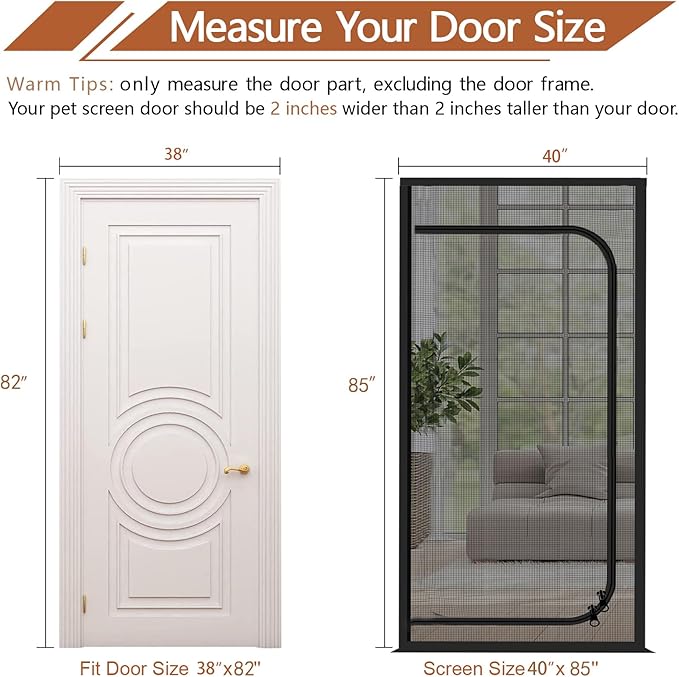 Upgraded Reinforced Pet Screen Door Thickened Cat Resistant Mesh Screen Door for Living Room, Bedroom, Patio, Dog Cat Scratch Proof Screen with Zipper Closure (Fits Door Size up to 38''x 82'', Black)