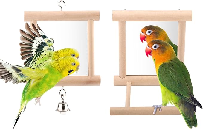 Wontee Bird Mirror Bird Toys for Budgies Parakeets Cockatiels Lovebirds Conures (Wood color-2pcs)