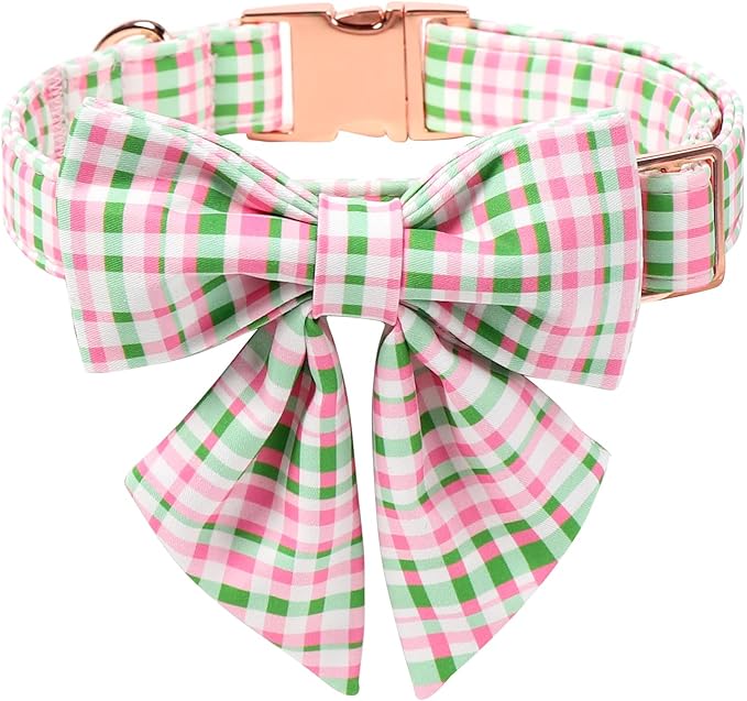 Maca Bates Plaid Dog Collar with Sailor Bow Tie,Cherry Pink Green Gingham Pattern for Small Girl Boy Dogs,Adjustable Durable Soft Collars Irish Gift for Male Female Puppy