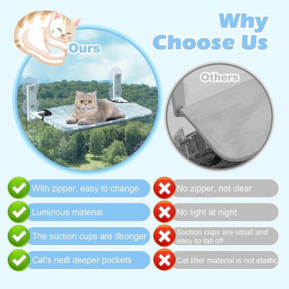 Glow in The Dark Cat Window Perch, Large Foldable Hammock Bed with 4 Strong Suction Cups and Warm Soft Zipper Removable Cushion for Indoor Cats (Moon)