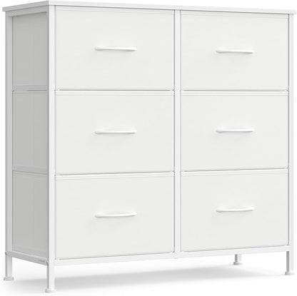 SONGMICS Dresser for Bedroom, Chest of Drawers, TV Stand, Steel, MDF, 6 Non-Woven Fabric Drawers, Storage Organizer Unit, Closet, Entryway, Cloud White and Snow White ULGS123W01S