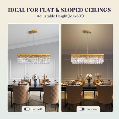 Modern Gold Crystal Chandelier,Rectangular K9 Crystal Raindrop Light Fixture,6 Light Rectangle Chandeliers for Dining Room Living Room Kitchen Island L31.5''xW10''xH10''