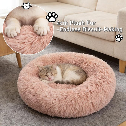 Calming Donut Dog Beds Large Sized Dog - Washable Removable Cover Non-Slip, Round Pet Bed Warming Fluffy Plush Faux Fur Anti-Anxiety Thick Cushion, Fits up to 80 lbs (Blush, 36")