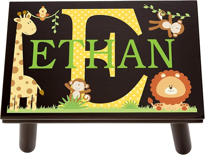 Let’s Make Memories Personalized My Own Name Step Stool - Children’s Step Stool - Sturdy Wood – Non-Toxic Paint, Sealer - Jungle Design - Espresso - 14’Wx9.25”Lx8.75”H - Ages 3+