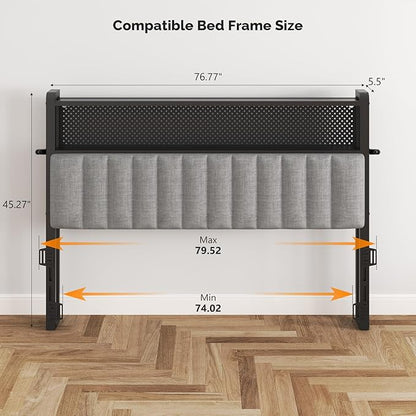 VINGLI King Size Headboard Only, Adjustable Upholstered Headboard with 2 Tier Shelves and Pegboard with Charging Stations and LED Lights, Modern Bed Headboard with Storage for Bedroom Decor
