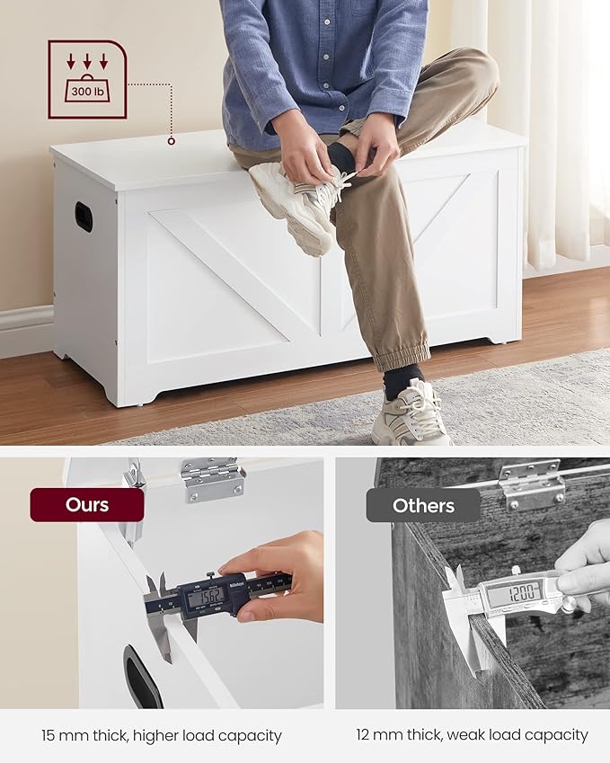 VASAGLE Storage Chest, Storage Trunk with 2 Safety Hinges, Storage Bench, Shoe Bench, Farmhouse Style, 15.7 x 39.4 x 18.1 Inches, for Entryway, Bedroom, Living Room, Cloud White ULSB060T14