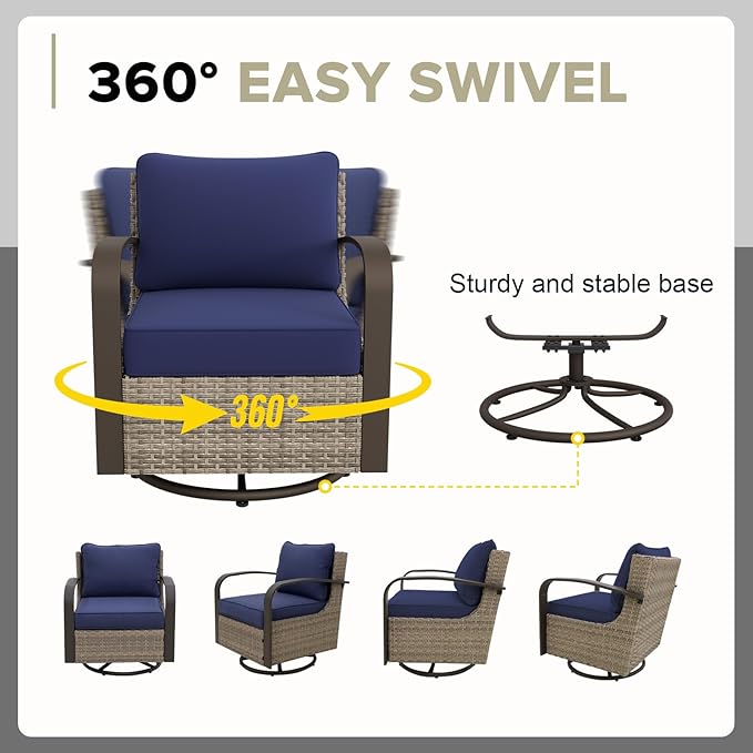 COOS BAY Aurora Terrace Half-Moon Outdoor Furniture Set, Rattan Conversation Set with Swivel Rockers, Curved 4-Seat Sofa, Coffee Table & Side Table, Seats 6, Beige/Blue
