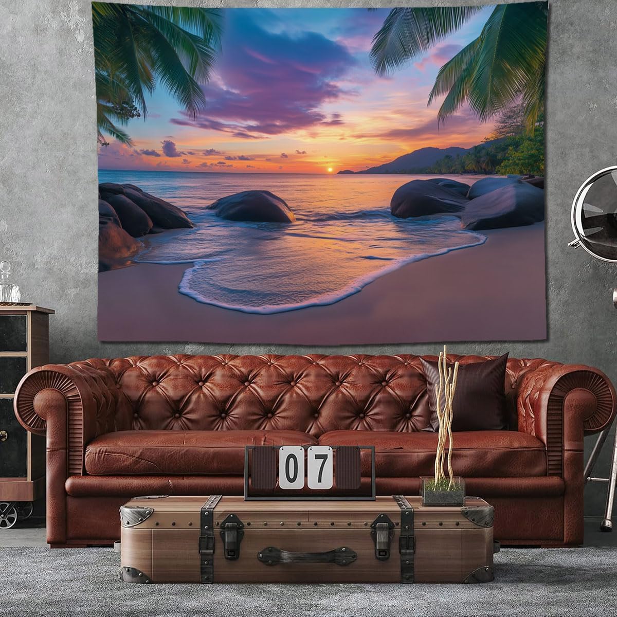 keowhsf Beach Sunset Ocean Tapestry – Tropical Palm Trees Wall Decor with Warm Orange Sky, Summer Seaside Landscape Wall Hanging for Bedroom Living Room Dorm