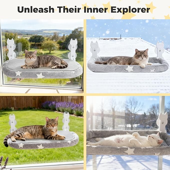Homimp Cat Window Perch,Cordless Cat Window Hammock for Wall with 4 Strong Suction Cups,Solid Metal Frame and Two Replaceable Covers,Foldable Cats Bed for Large Cats and Kittens,Indoor Pet Seat,Grey L