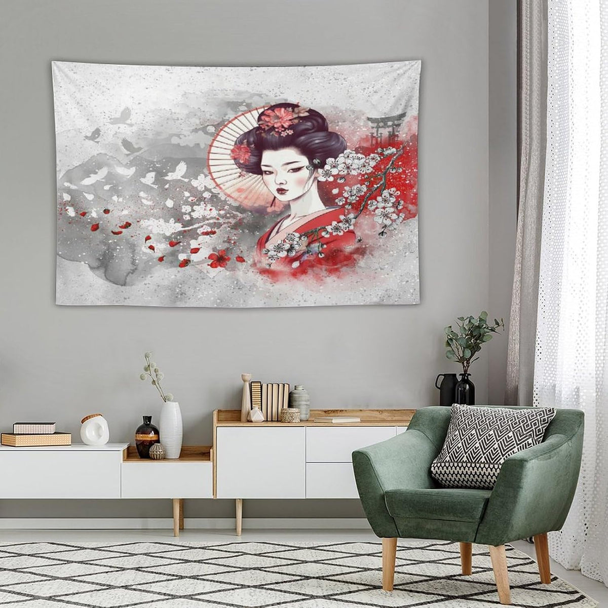 Japanese Geisha Tapestry Asian Red Cherry Blossom Traditional Kimono Folk Tapestries Home Decor for Living Room Bedroom Apartment Farmhouse Dorm 60"x40"