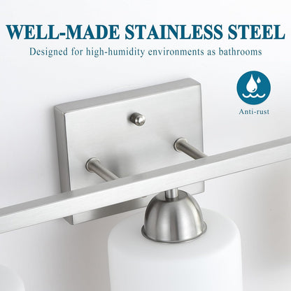 Stainless Steel Milk Glass Vanity Lights for Bathroom, 3 Light Brushed Nickel Bathroom Light Fixtures Over Mirror, Ceramic E26 Sockets Wall Mounted