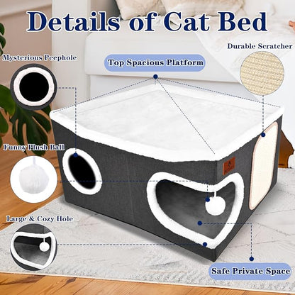 Extra Large Cat Beds for Indoor Cats, Covered Cat Cave Beds & Furniture with Scratch Pad and Fluffy Ball, Foldable Cat Condo with Reversible Cushion for Multi Small Pet Large Kittens, Dark Grey