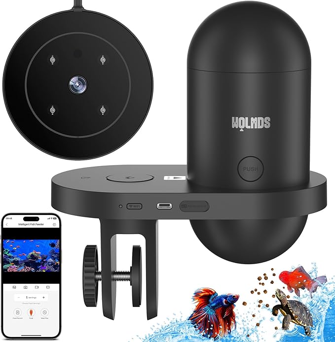 Automatic Fish Feeder with 2.5K Camera,WiFi/App Control,Moisture-Proof Vacation Food Dispenser|2.4G&5G Precision Feed System,Visual Monitor for Aquariums,Turtle Pens,Betta Tanks (Dark Grey)