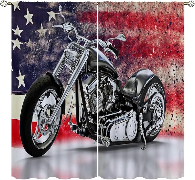 Motorcycle Blackout Curtains for Home Decor,custom black motorcycle american flag background Rod Pocket Thermal Insulated Drapes Darkening Window Curtain for Girls Boy Bedroom Living Room 84 x 84 Inch