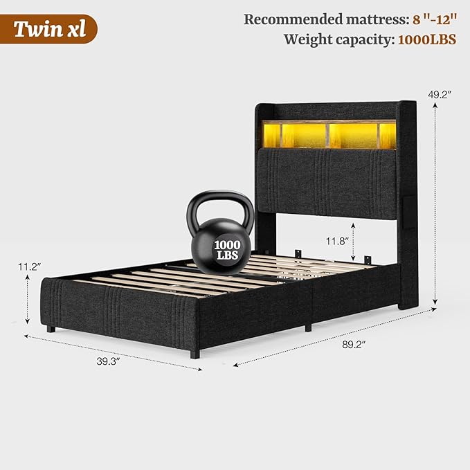 IKIFLY 49.2" Tall Twin XL Bed Frames with 4 Storage Drawers, Upholstered Wingback Hidden Storage Headboard with LED Lights & Charging Station, Solid Wood Slats, No Box Spring Needed, Black